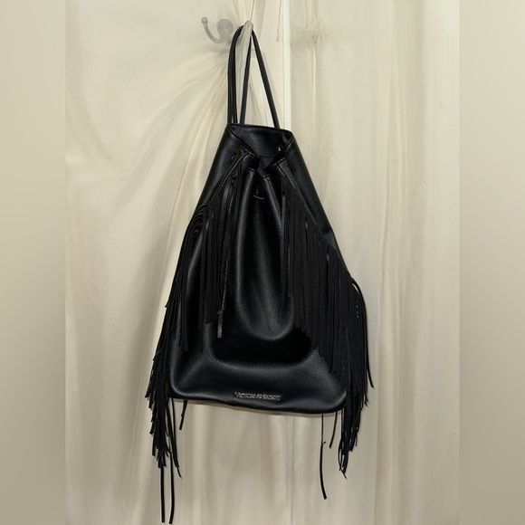 Victoria's Secret Black Faux Leather Fringe Hobo Women's Backpack - Picture 11 of 13